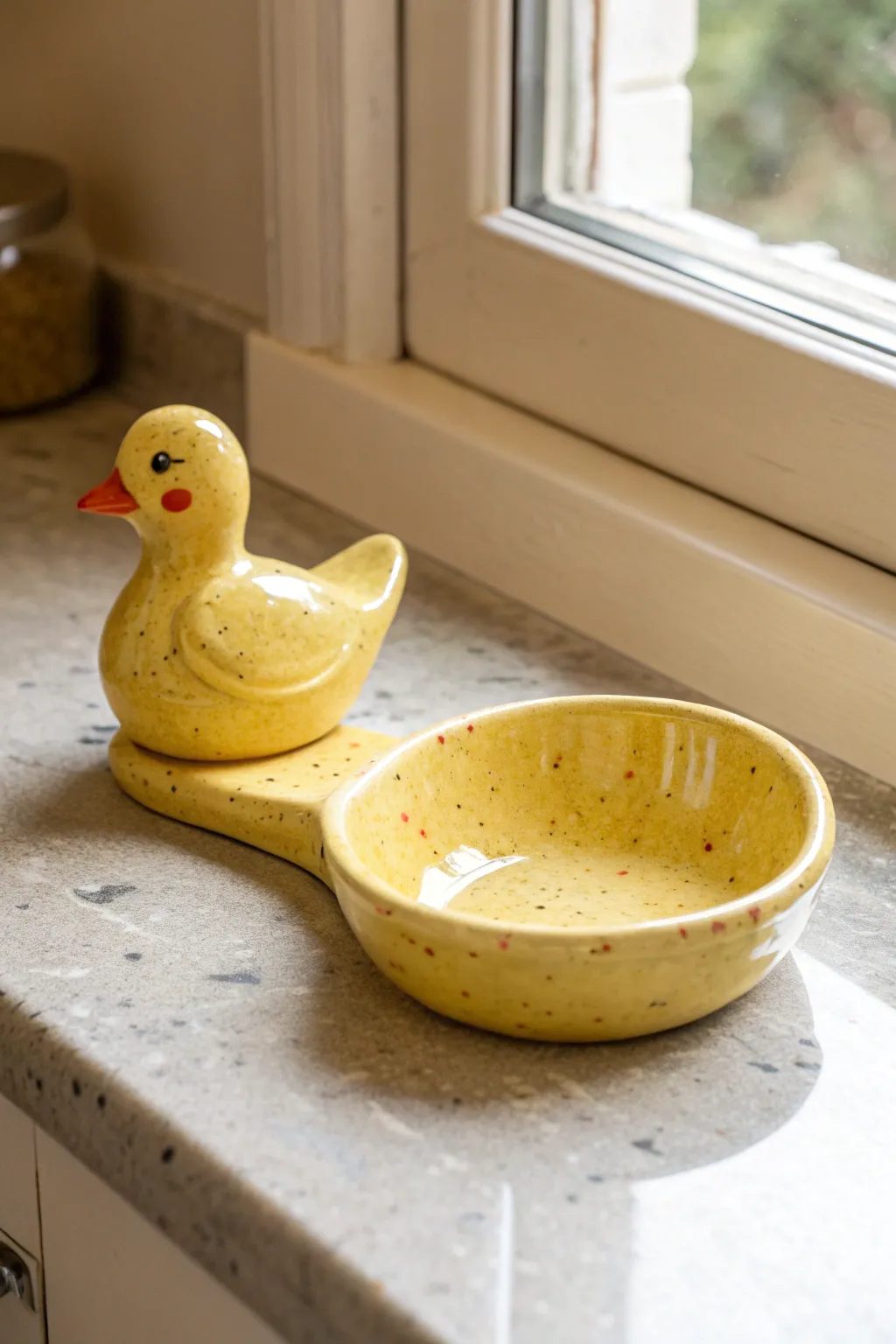 Bright yellow duckling spoon rest adds a playful, handmade pop to a calm minimalist kitchen.