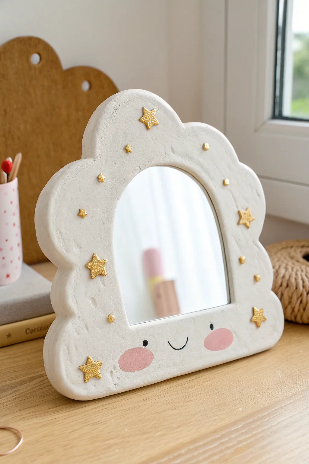 Extra cute cloudy clay mirror frame with tiny stars, soft puffy shape, and a sweet minimalist vibe