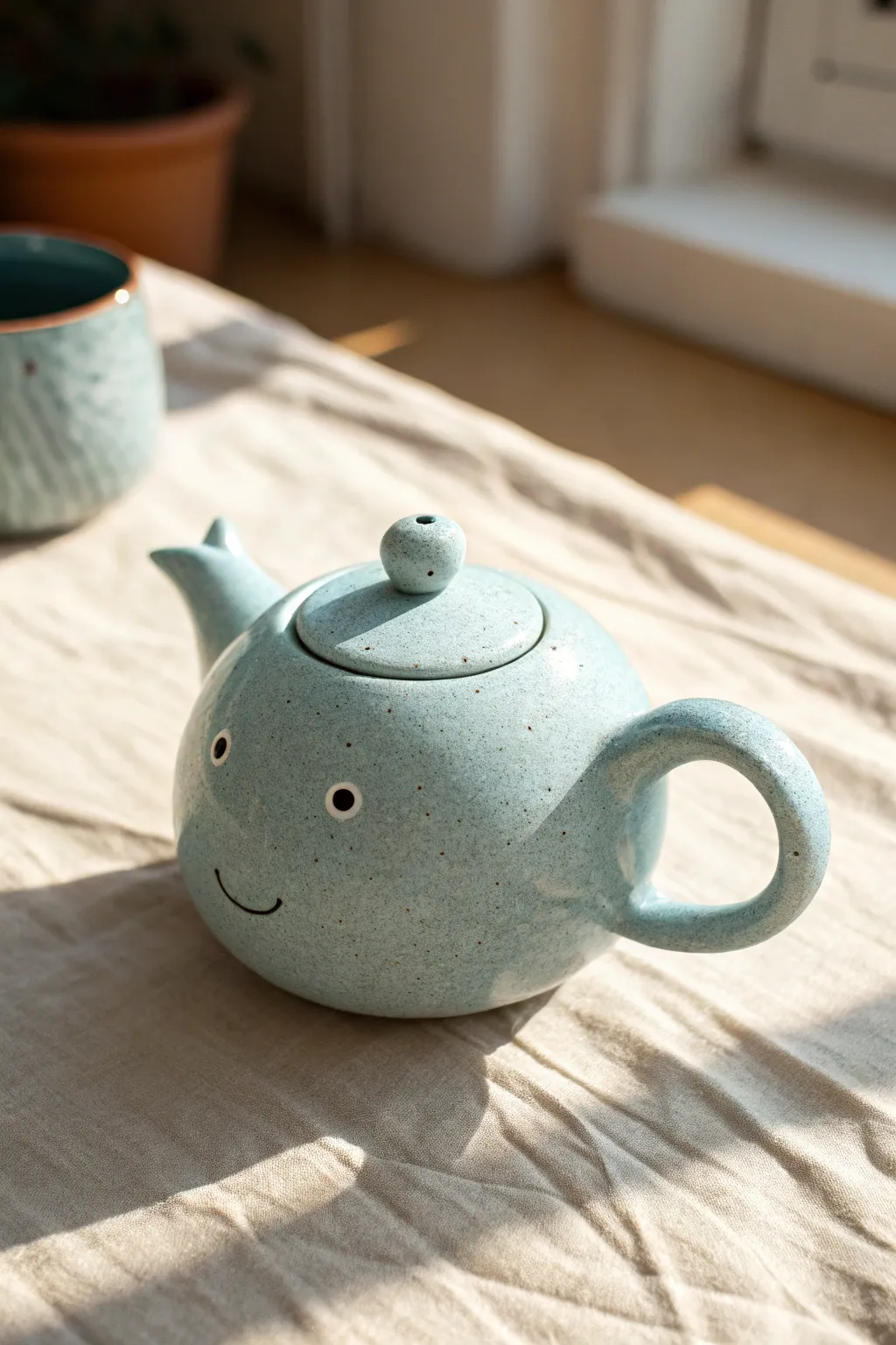 Sky-blue whale teapot with a curved tail handle, simple shapes, bold contrast, and handmade charm.