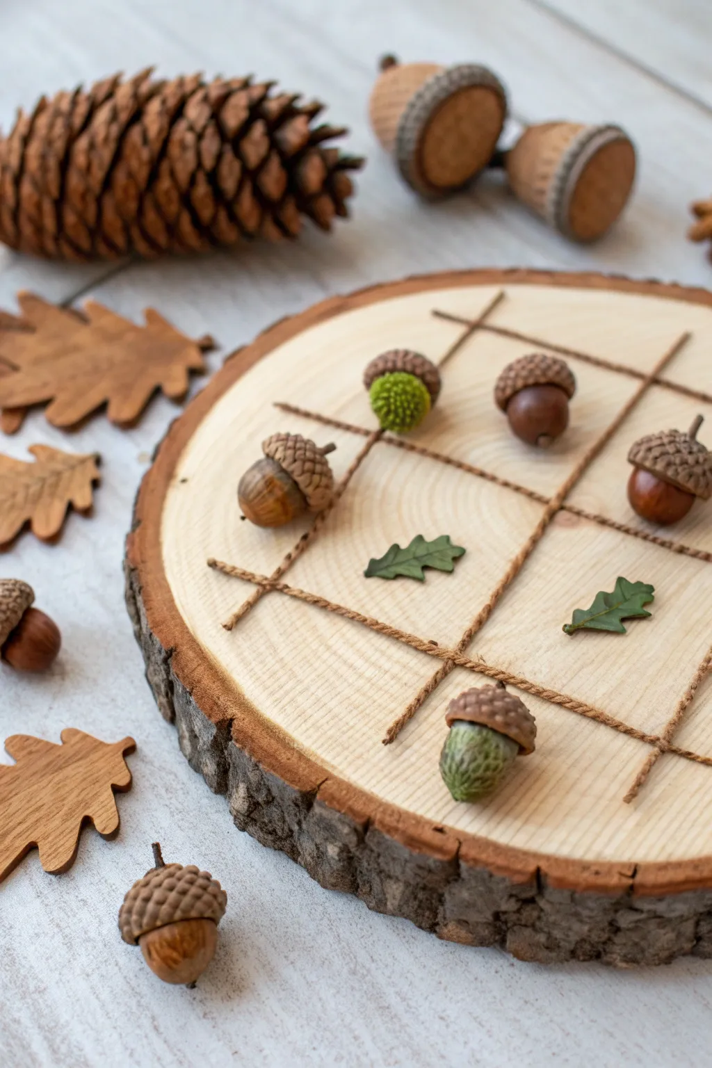 Wood slice clay tic tac toe set with acorns vs pinecones, cozy forest tones, clean grid