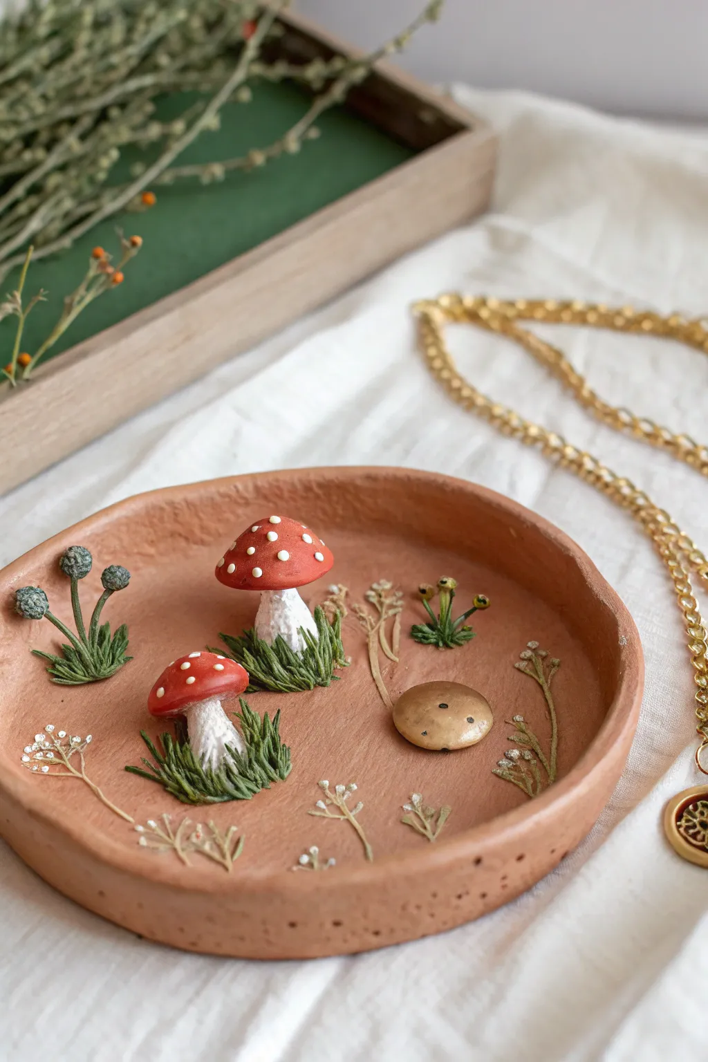 Mushroom garden tray in warm earthy clay tones, a cute minimalist catchall for jewelry.