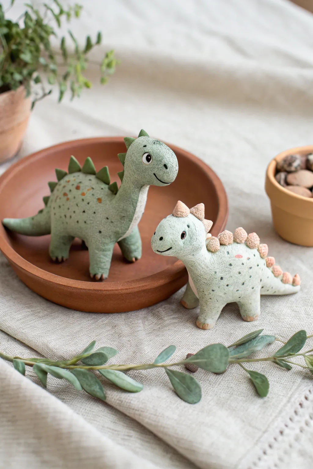Pocket-size dino best friends, sweet and simple clay date project in calming greens.