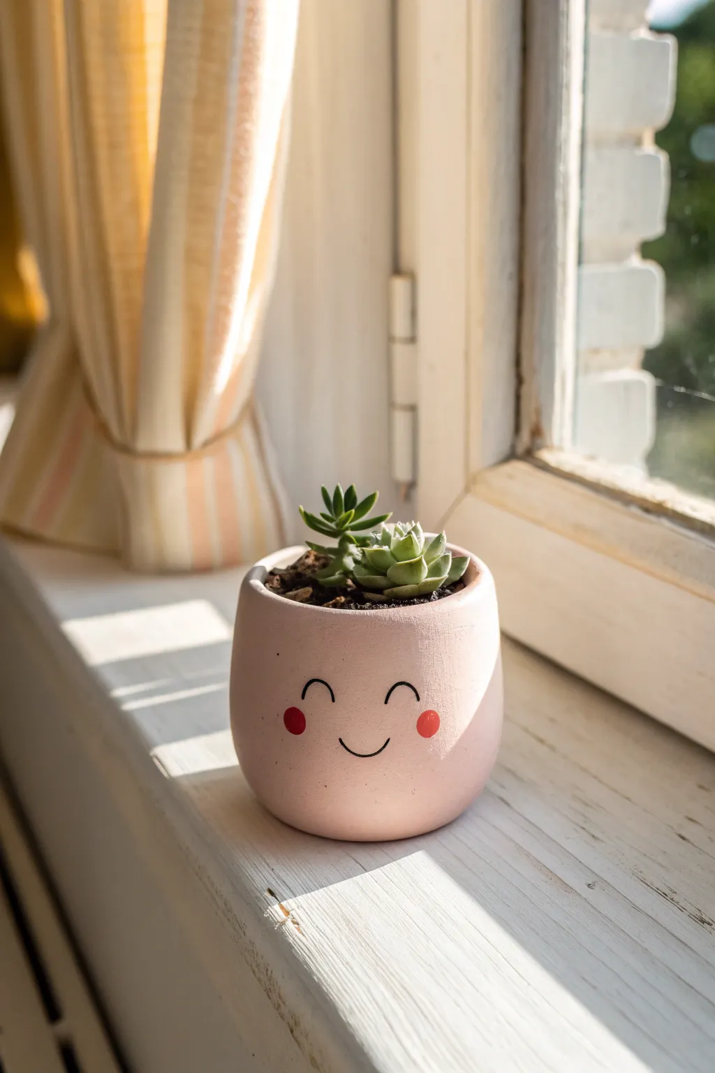 Mini smiley clay planter with rosy cheeks on a sunny windowsill, minimalist and charming.