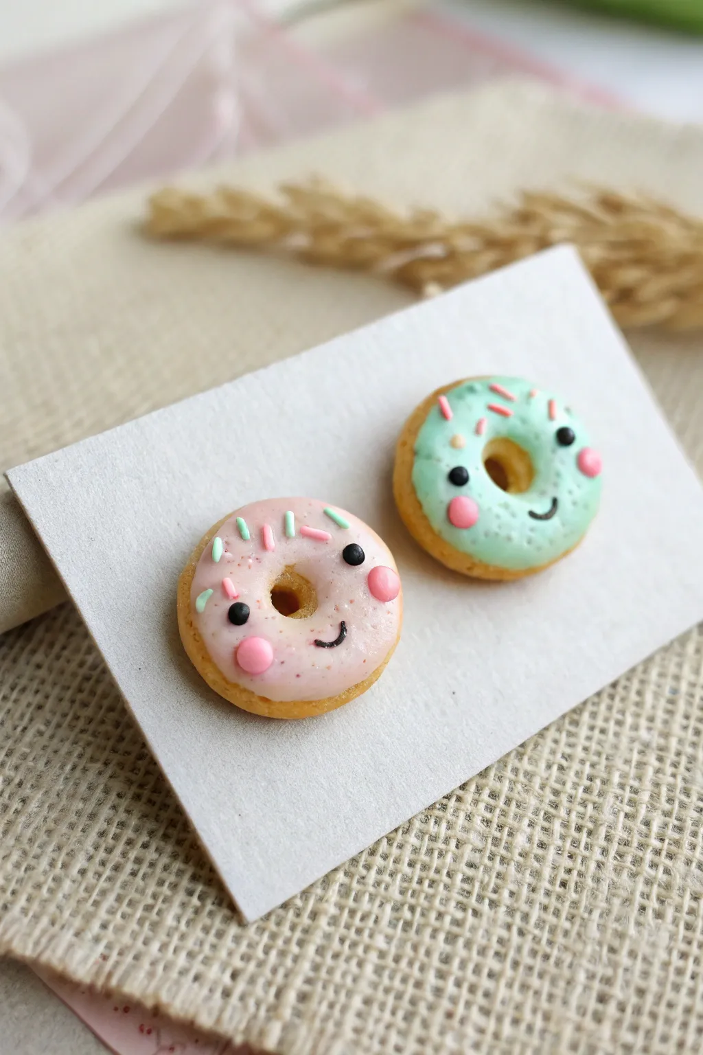 Mini donut studs with pastel icing and kawaii smiles, an easy and adorable polymer clay project