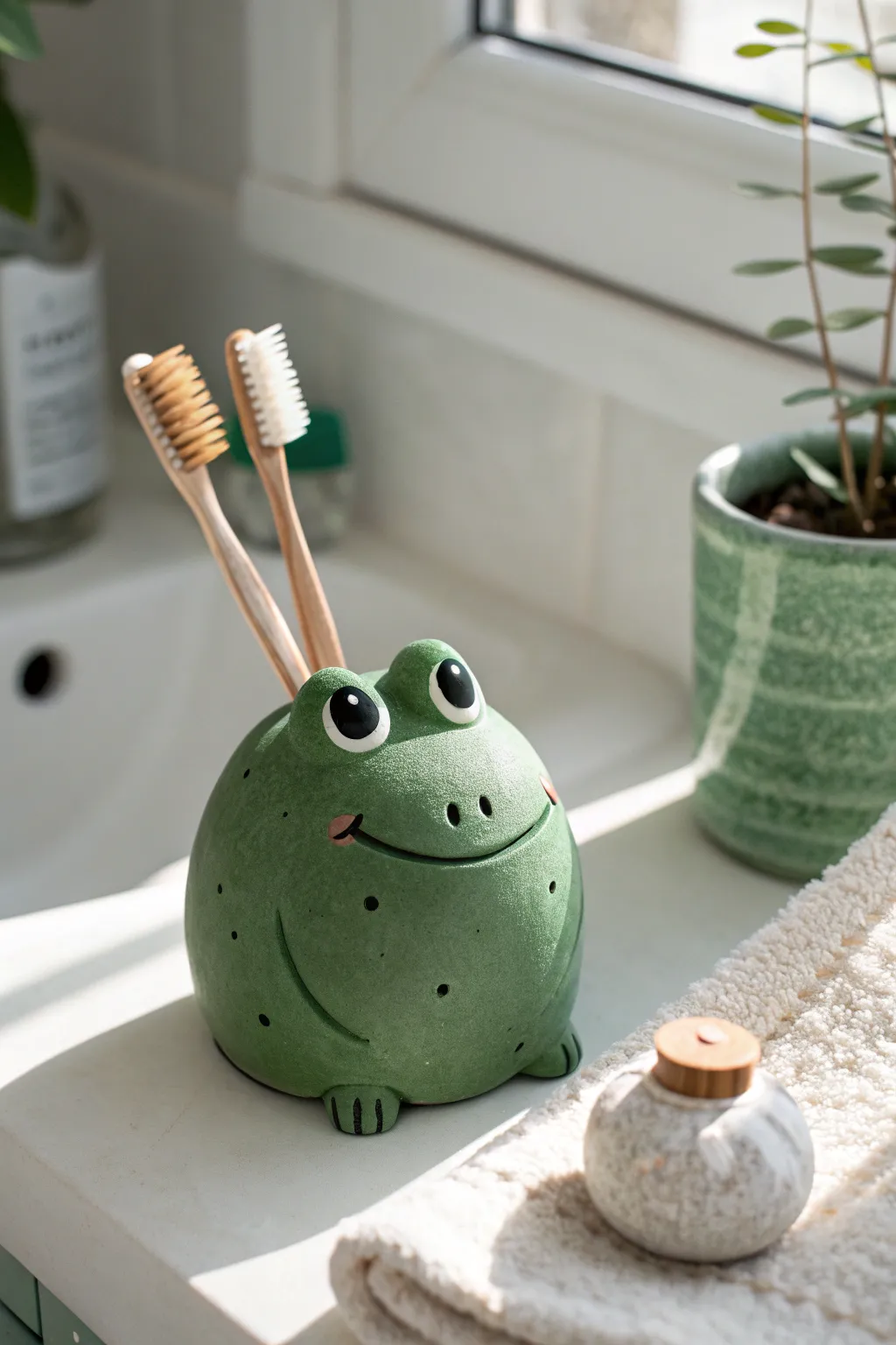 Sweet chunky frog buddy keeps two toothbrushes upright, a simple clay project for beginners.
