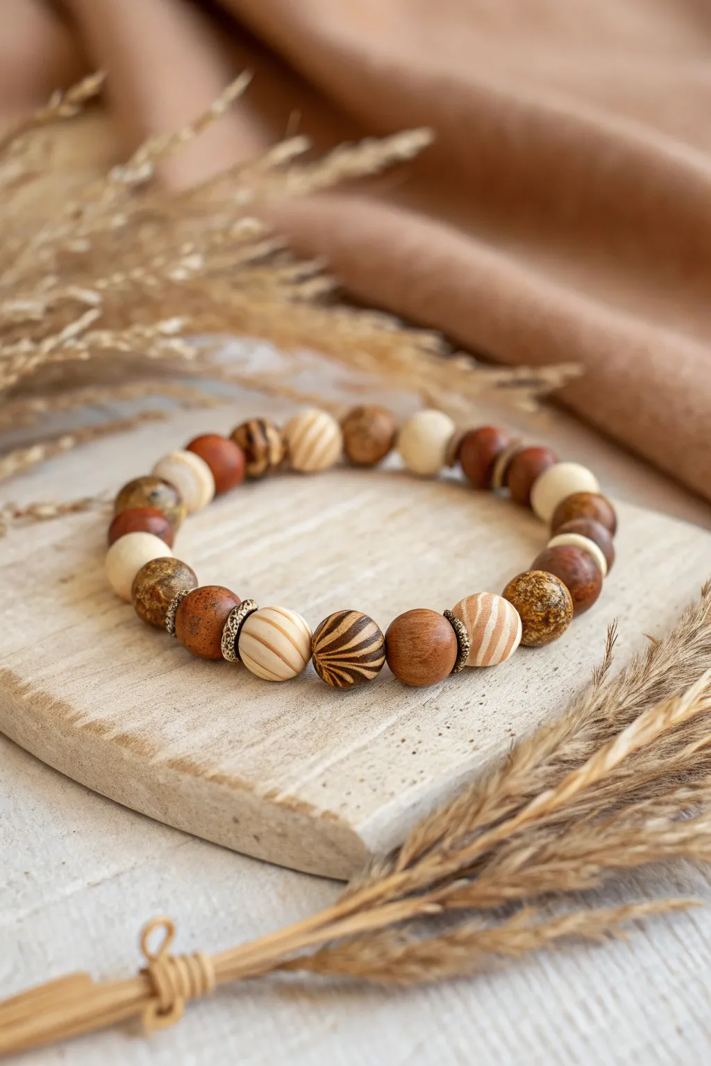 Maple latte swirl beads in caramel and cream for a cozy, minimalist fall bracelet look