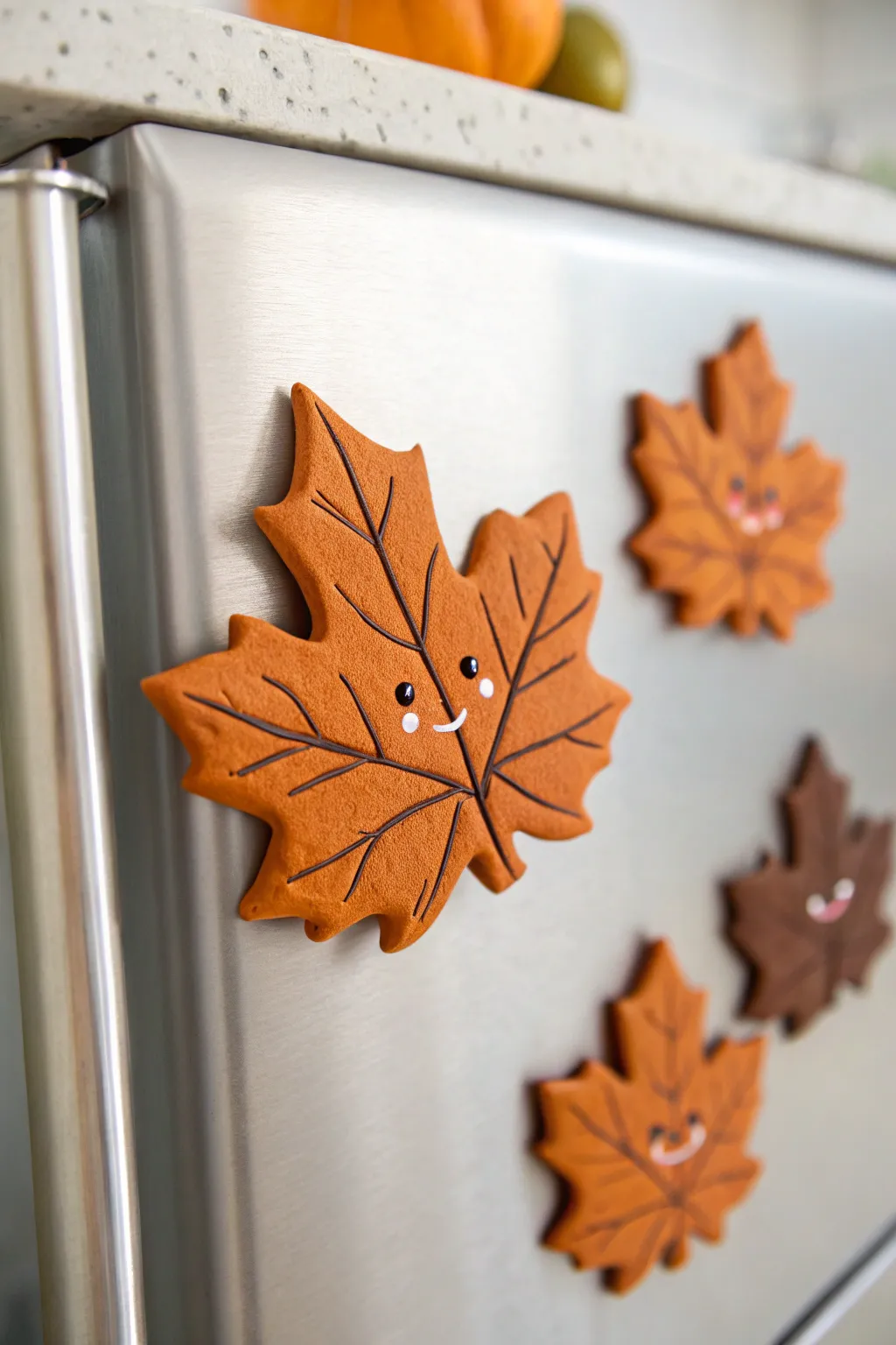 Kawaii leaf face magnet in warm fall tones, minimalist styling and sweet rosy cheeks.