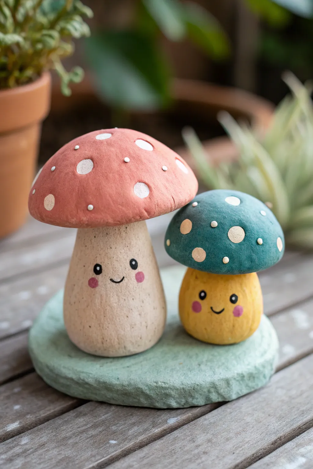 Cozy foam clay mushroom sprite minis in warm boho colors, simple handmade charm, bold contrast.
