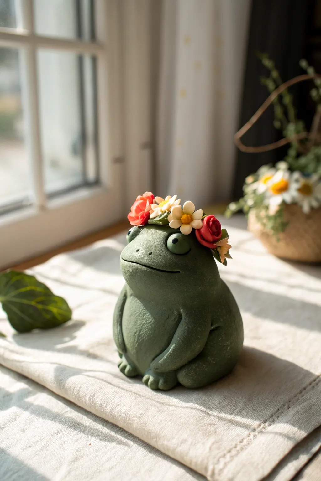 Round little clay frog with a chunky flower crown in bold colors, simple, sweet, and handmade