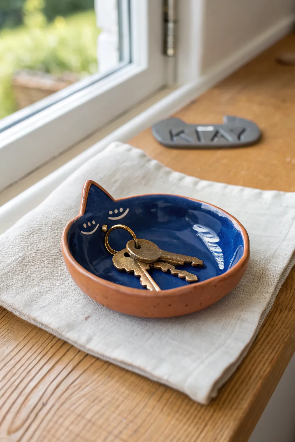 Handmade sleeping-cat key dish, a cute functional landing spot for keys in a calm boho entryway.