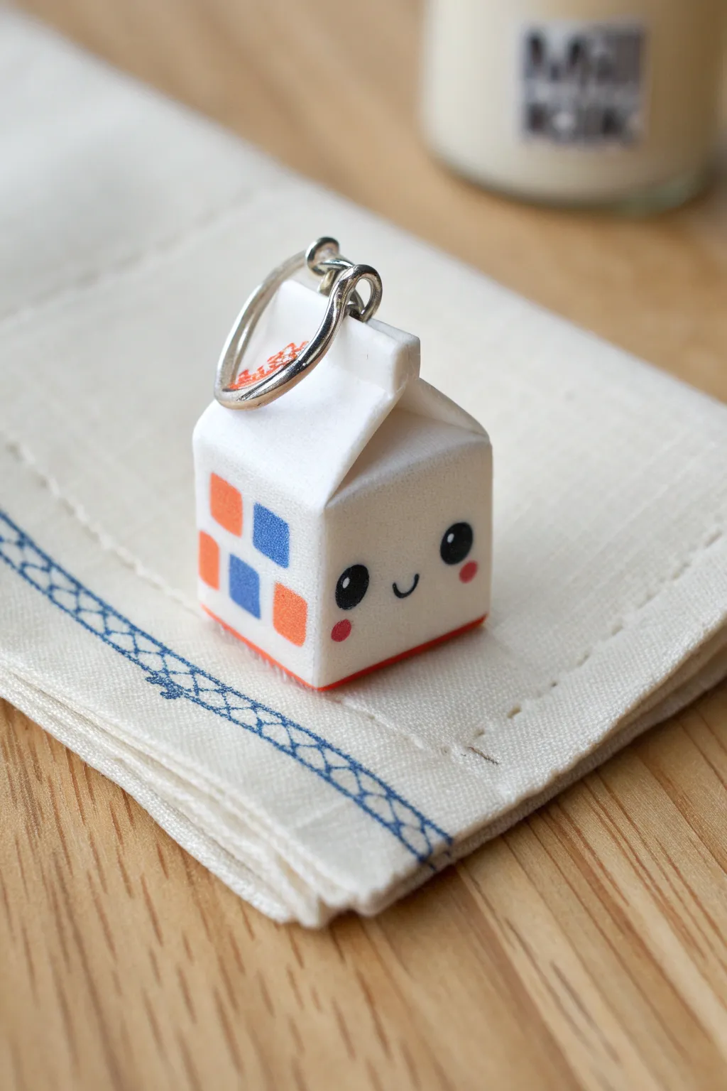 Tiny milk carton clay charm with a sweet face, styled with mini clay snacks for scale.