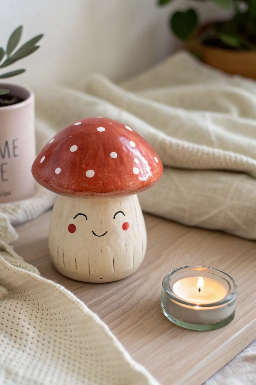 Cozy clay mushroom buddy night-light with a soft glow, simple shapes and bold color.