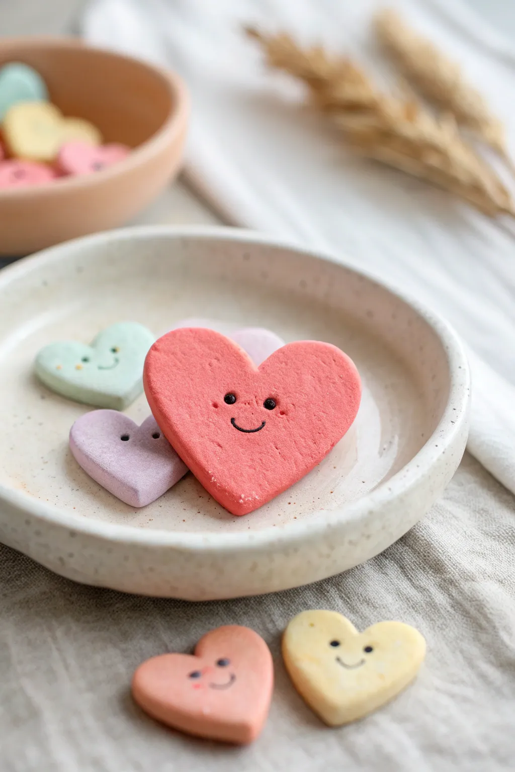 Pastel heart pocket tokens with tiny expressions, perfect calming kawaii air dry clay keepsakes