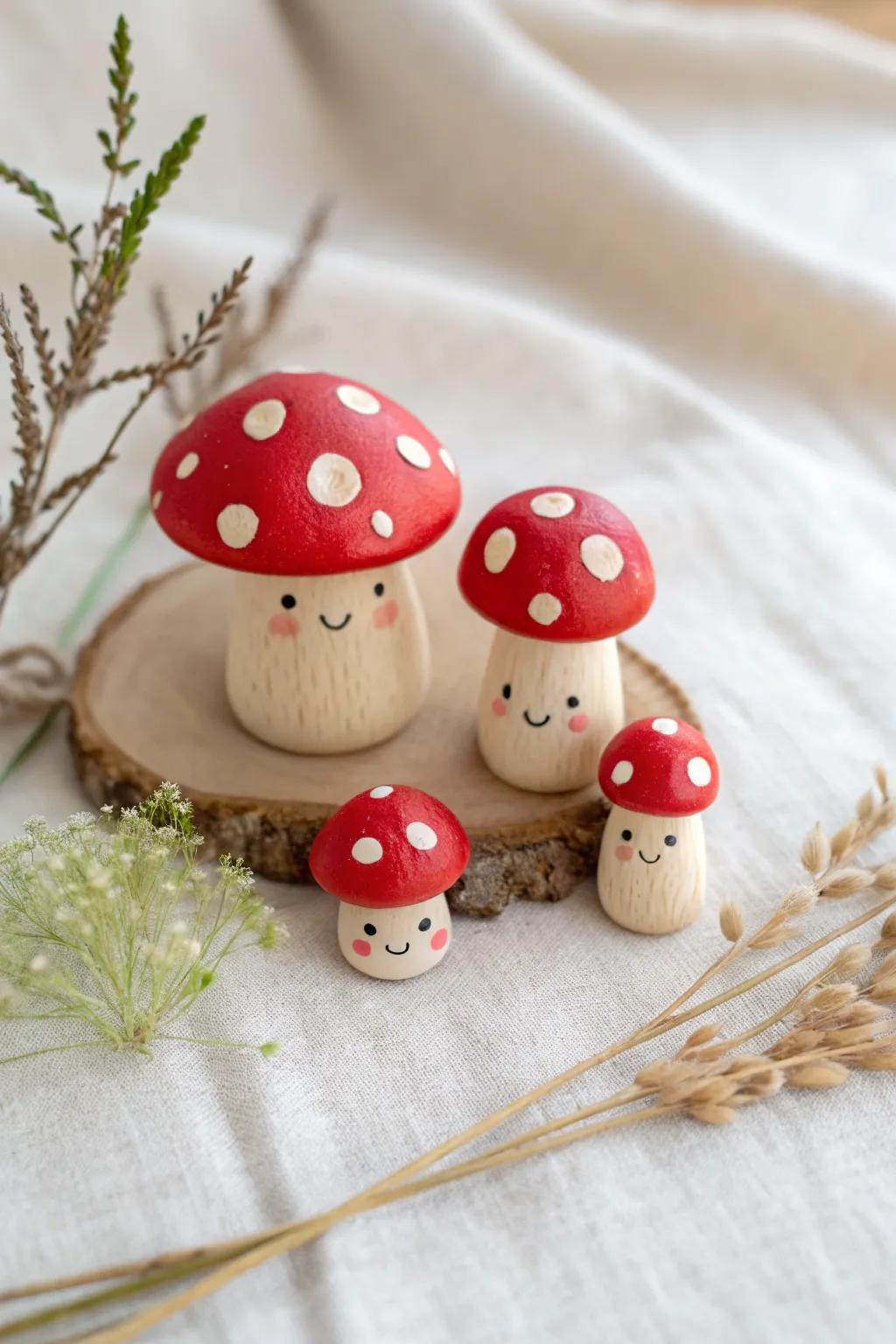 Sweet kawaii mushroom fairy set in bold red and cream for an easy oven-bake clay project