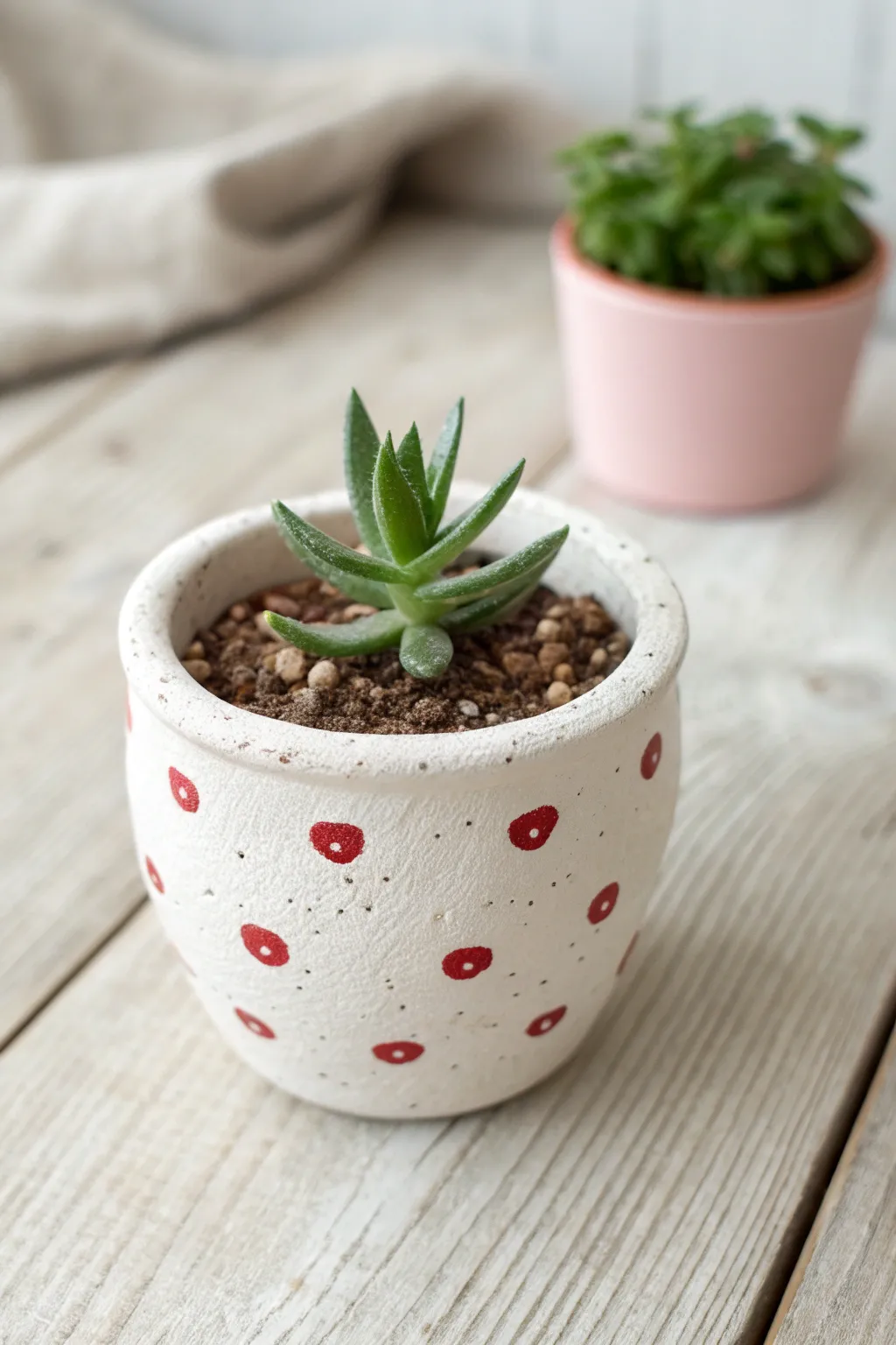 Tiny cherry print pot for a sweet minimalist look, bold pops of red and a fresh little plant.