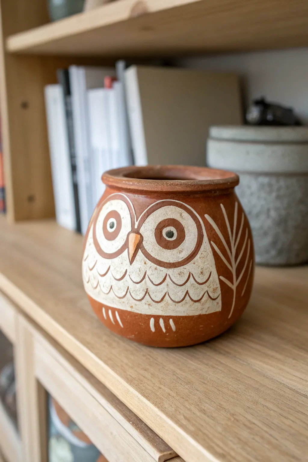 Sweet little owl pinch pot with stamped feathers, a cozy handmade accent for your shelf.