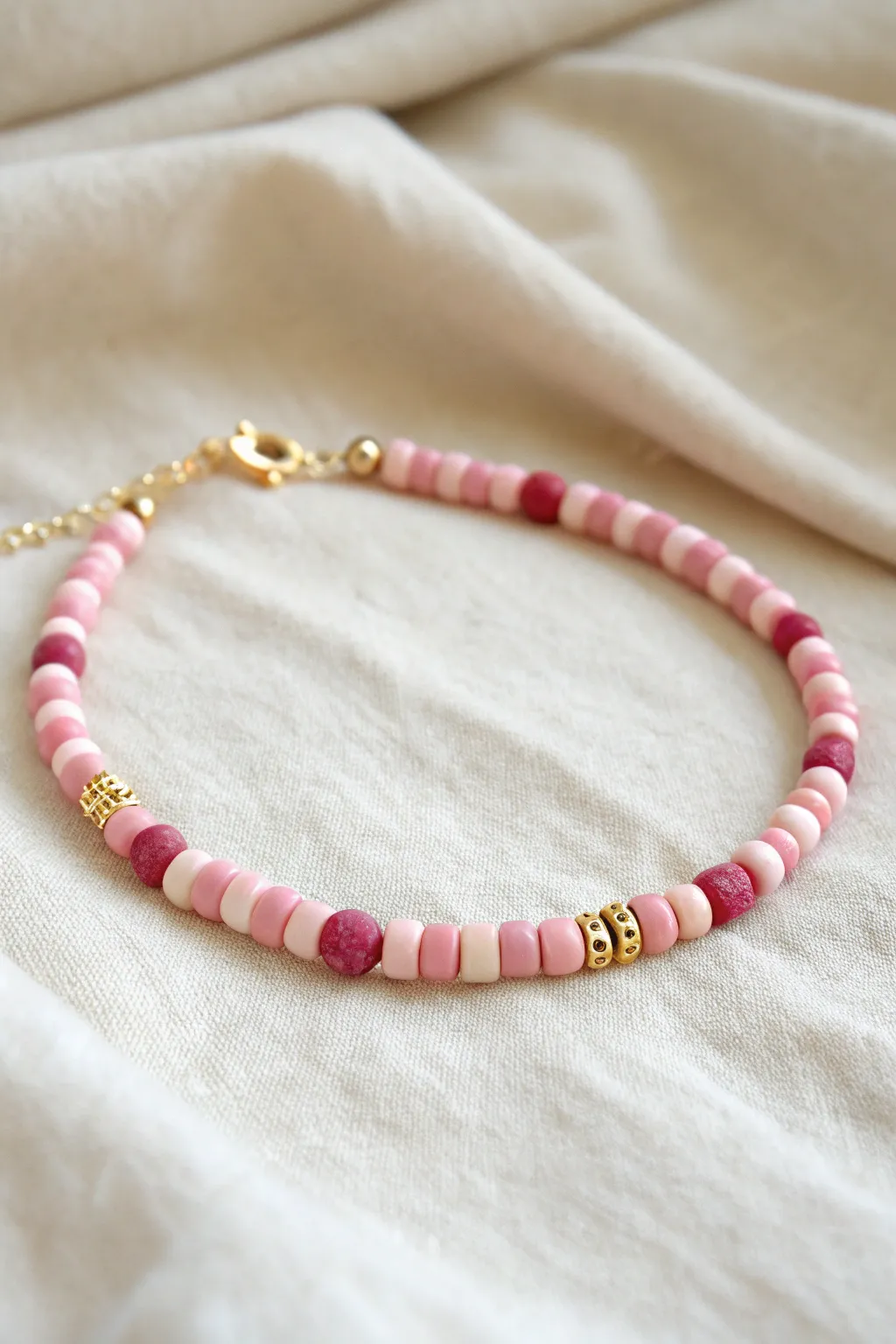 Pink checkerboard clay disc bracelet in blush and raspberry, minimalist boho and handmade charm.