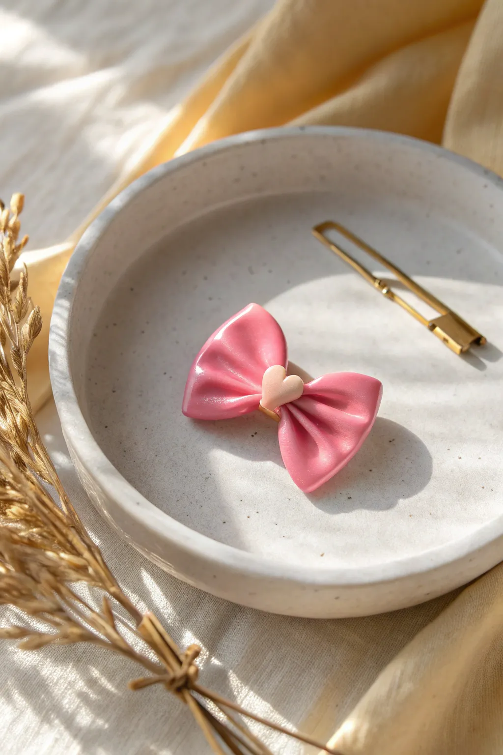 Bubblegum pink bow cabochon with a tiny heart center, styled simply for cute DIY charm.