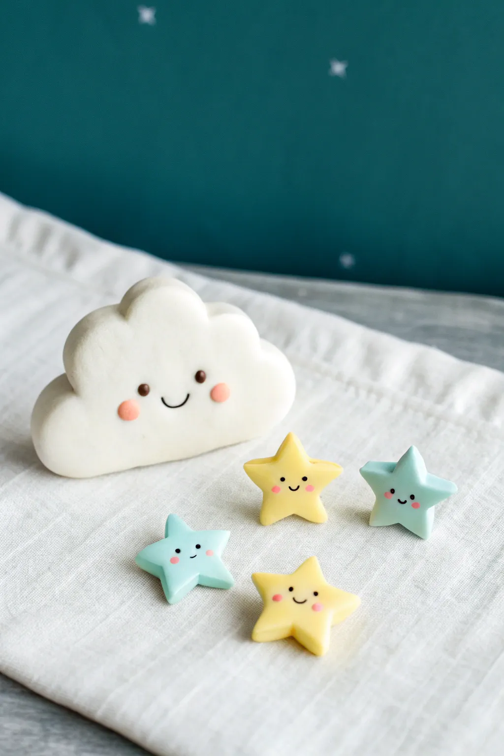Puffy cloud with smiling star pals in dreamy hues, an easy beginner polymer clay project