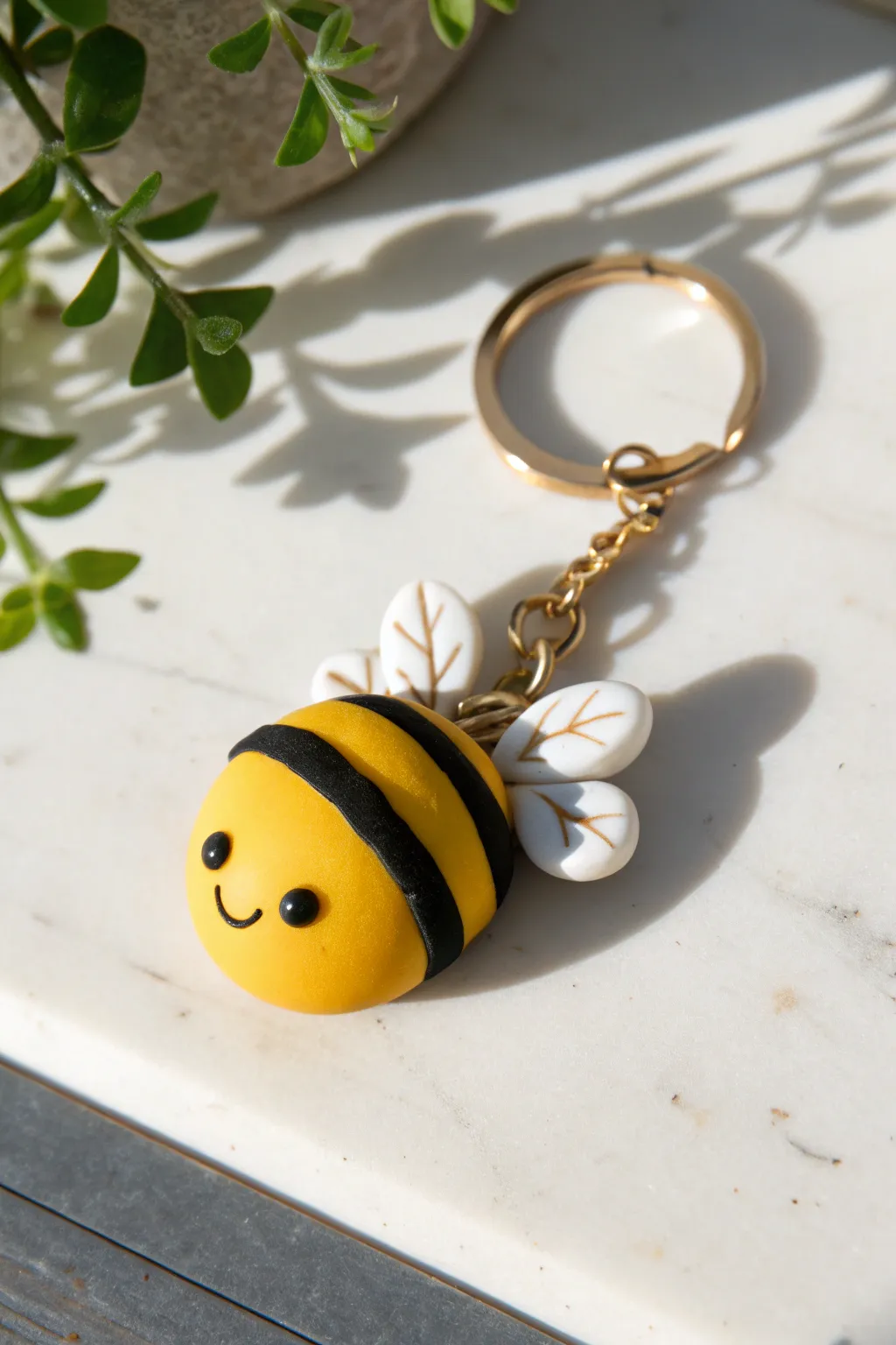 Chubby bee keychain with puffy stripes and tiny wings, a bold and cute polymer clay idea