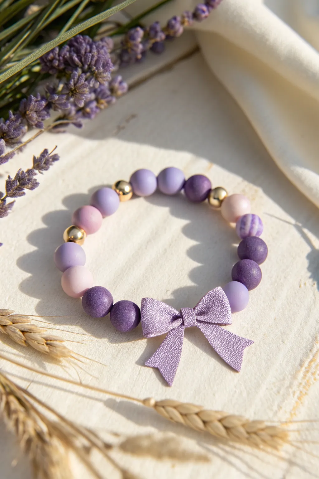 Lavender bead bracelet with a tiny purple bow charm for a sweet, minimalist boho look.