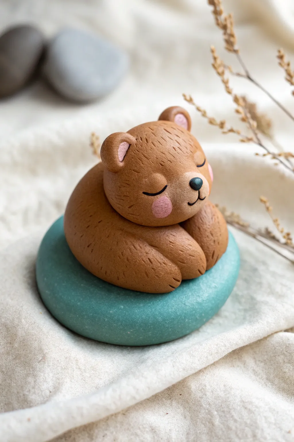 Mini sleeping bear on a pebble base, cozy desk decor in warm tones with bold teal contrast