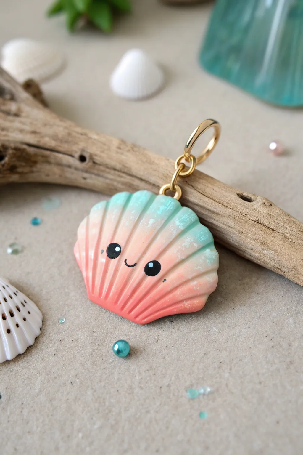 Adorable seashell clay charm with rosy cheeks, minimalist beach vibes in bold summer colors.