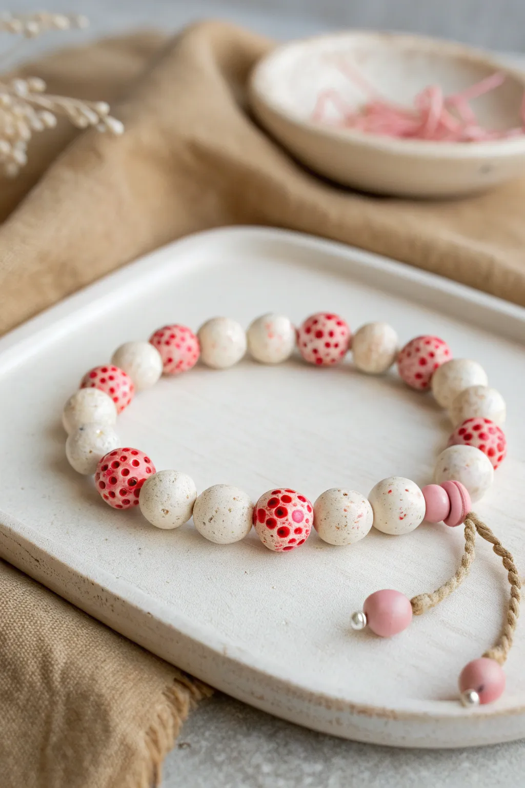 Speckled strawberry-cream beads with blush pink accents make the sweetest Valentine bracelet.