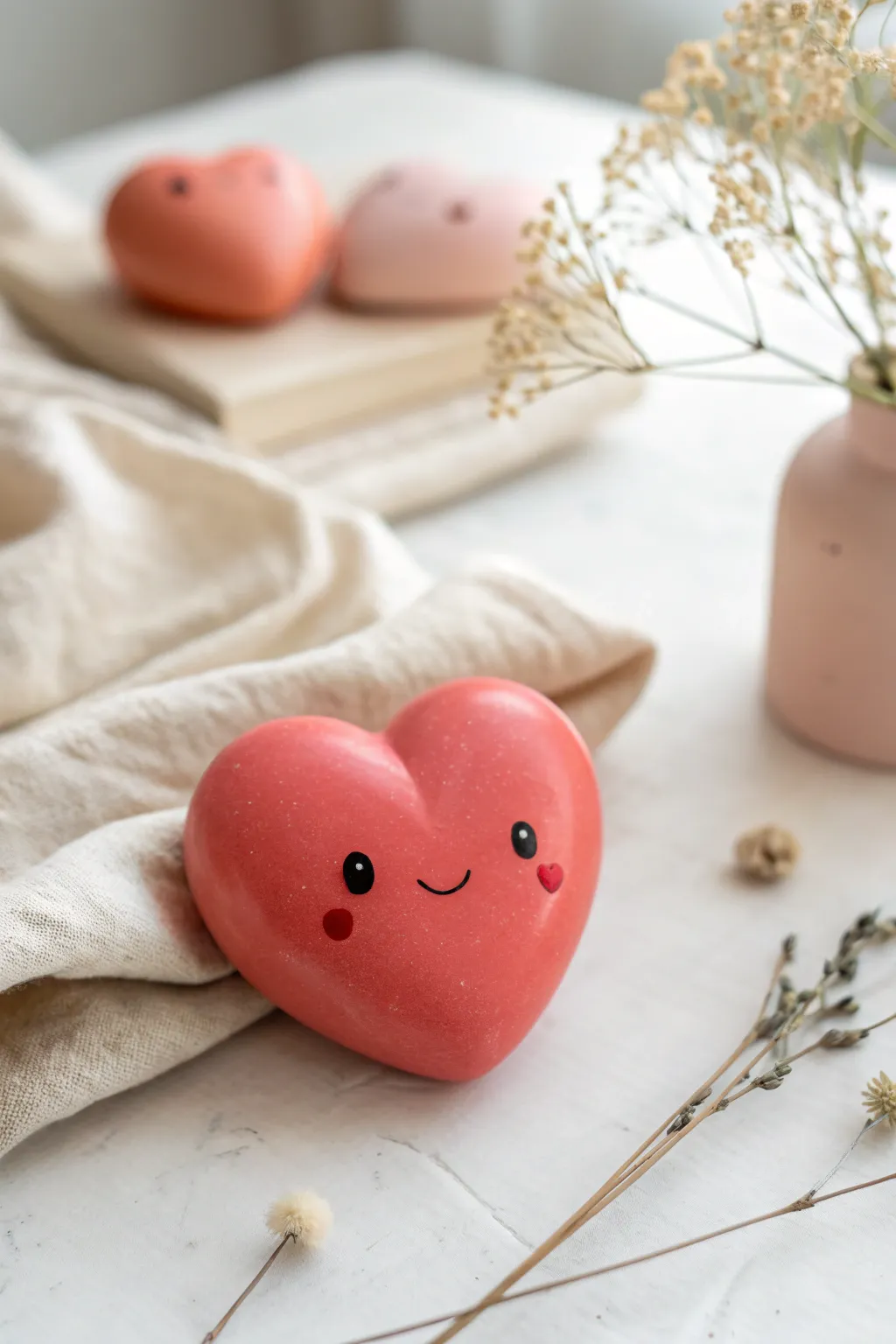 Blushing kawaii heart clay cutie in bold coral with soft pastel accents, minimalist Valentines flat lay.
