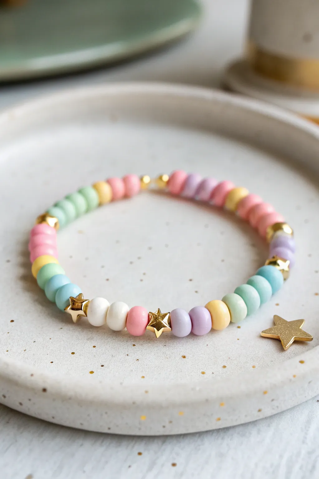Pastel rainbow clay bead bracelet with star spacers, Disney-inspired sparkle and soft bokeh glow
