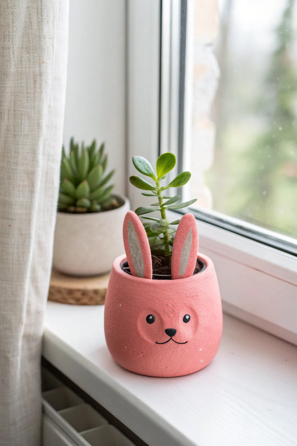 Adorable bunny mini planter in air-dry clay, a kid-friendly DIY with bold color and greenery.