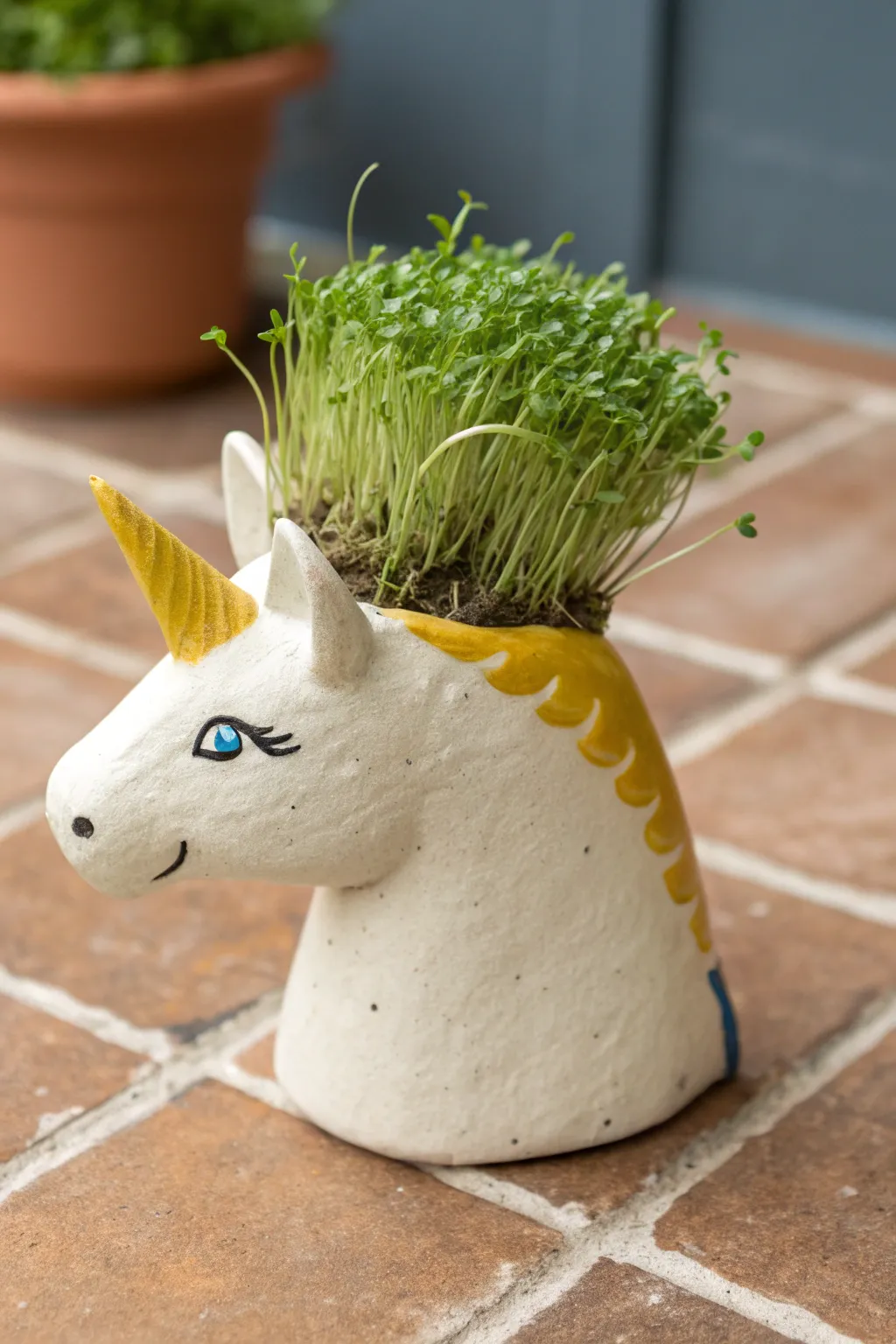 Whimsical unicorn chia pet with lush green sprouts, minimalist Scandinavian vibe, easy DIY magic.