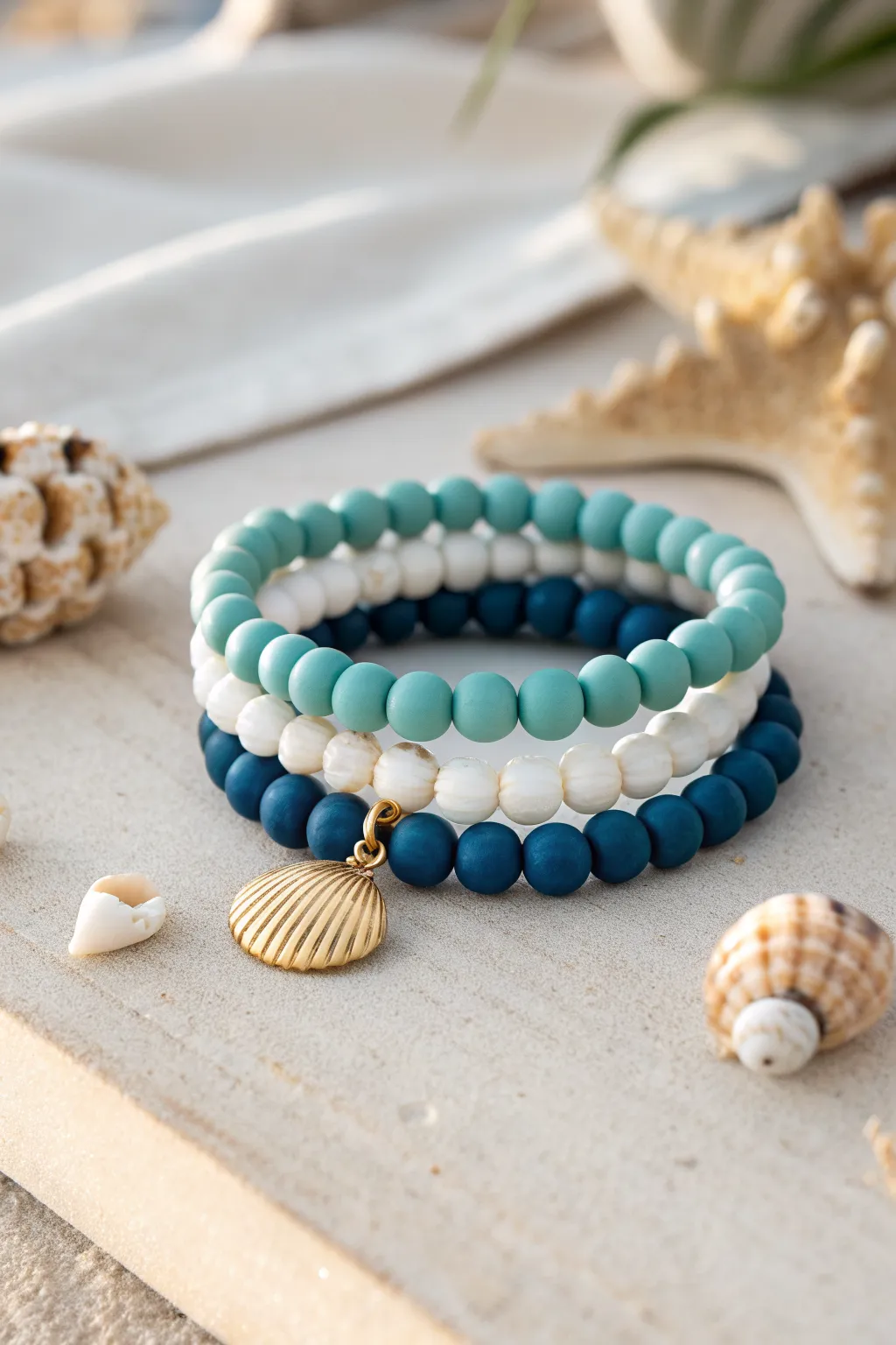 Ocean blues clay bead bracelet stack in navy, turquoise, seafoam and white with soft boho charm