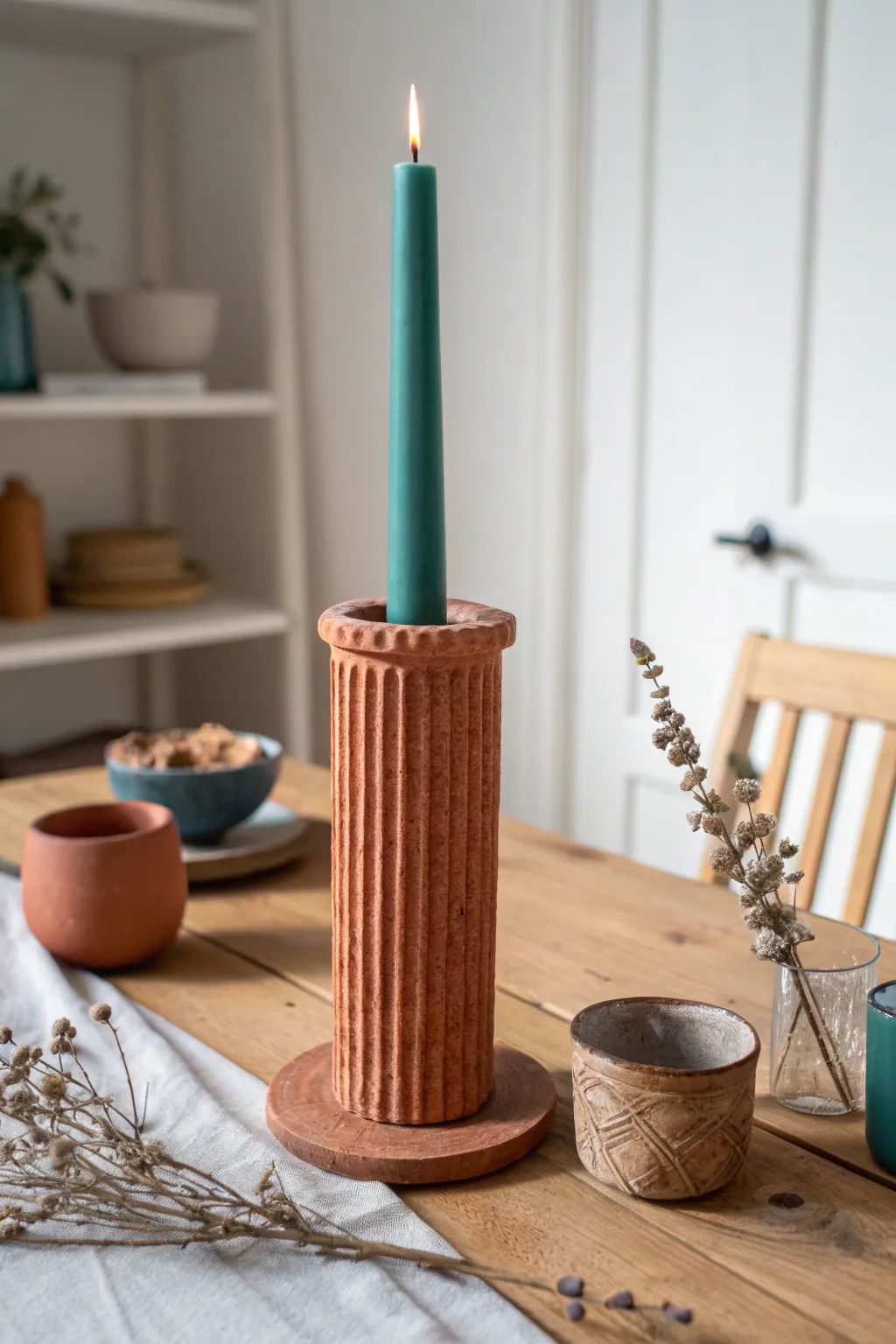 Ribbed column taper holder in bold color, minimalist table styling for an easy DIY glow