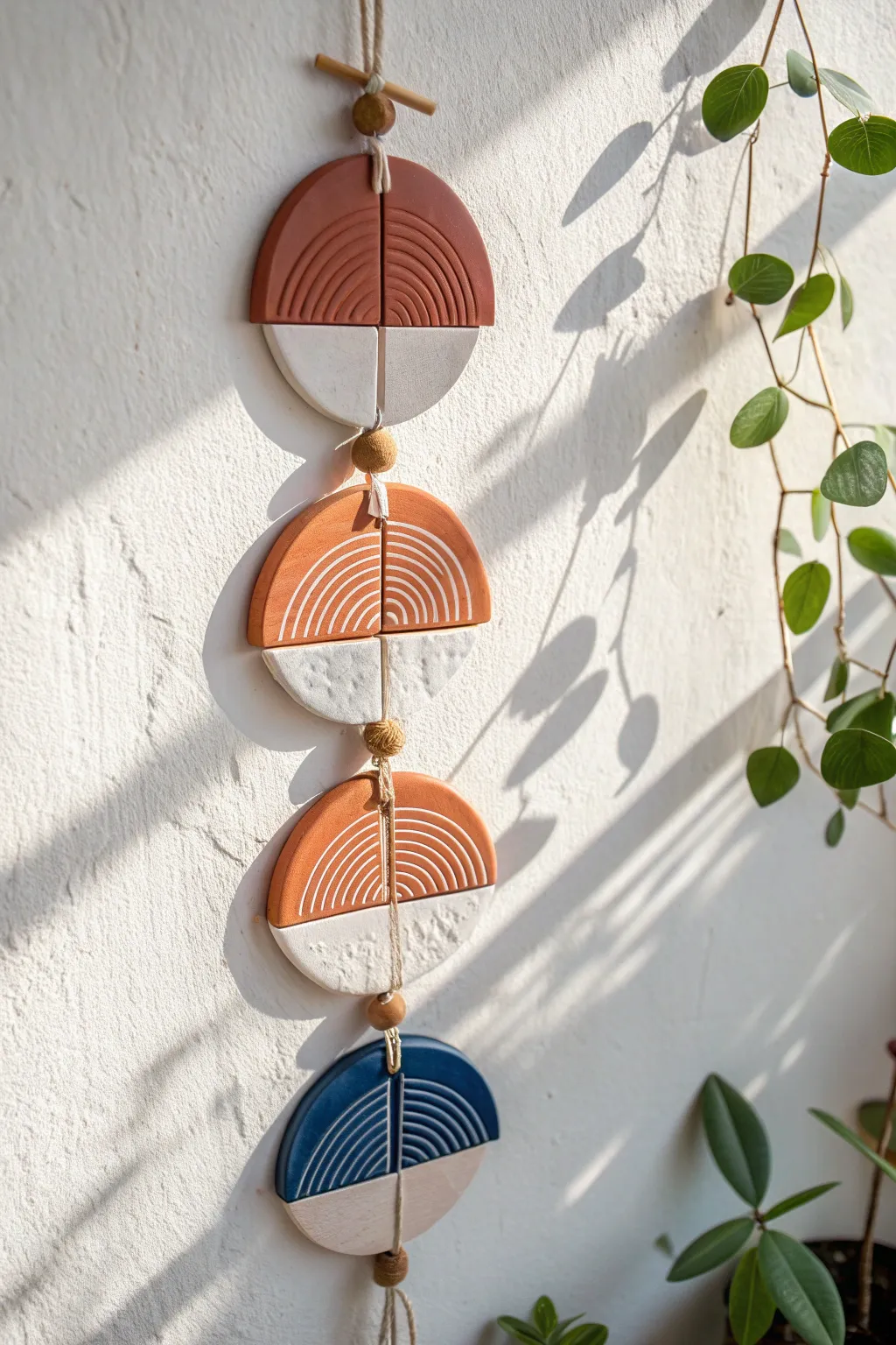 Simple geometric clay tile wall hanging in bold terracotta and cobalt for a modern boho nook