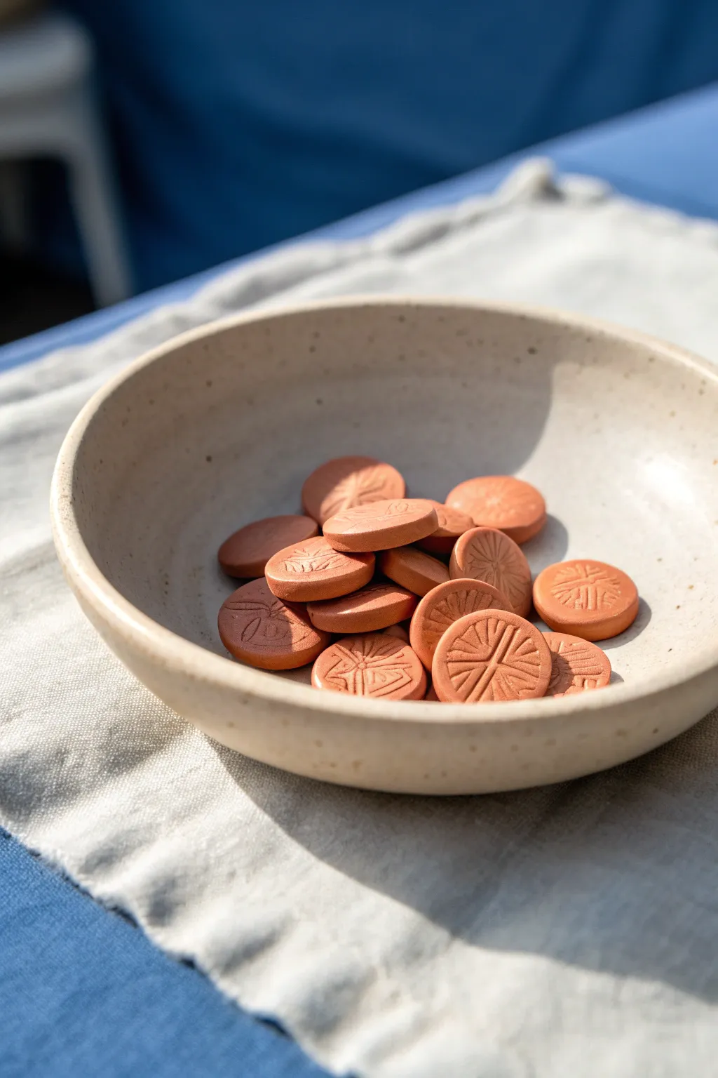 Pocket pick-me-up: smooth stamped clay tokens in a bold ceramic dish, minimalist and boho.