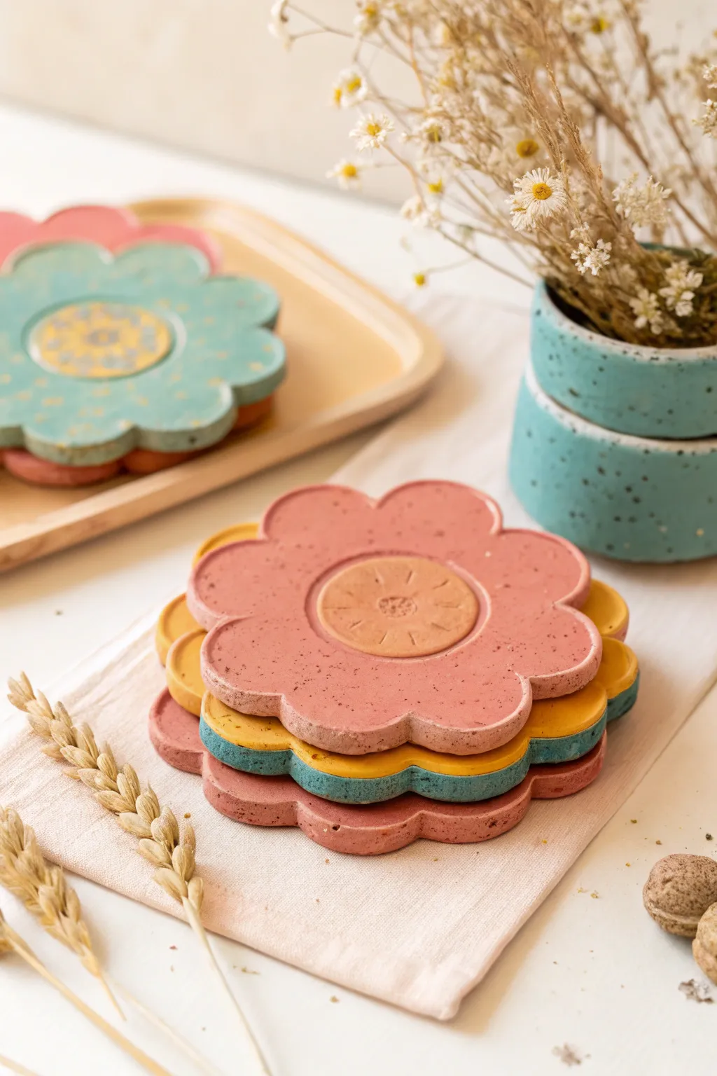 Bright DIY clay flower coasters with a handmade texture, perfect kid-friendly decor for the table