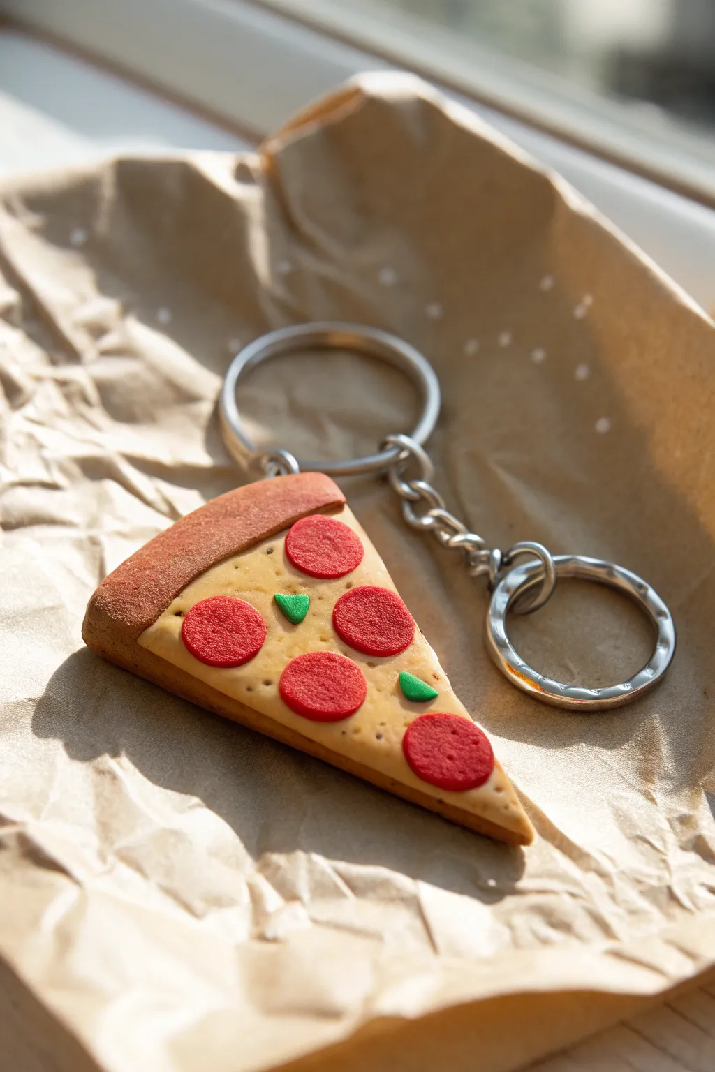 Playful pizza slice clay keychain with bold toppings and clean Scandinavian-boho styling.