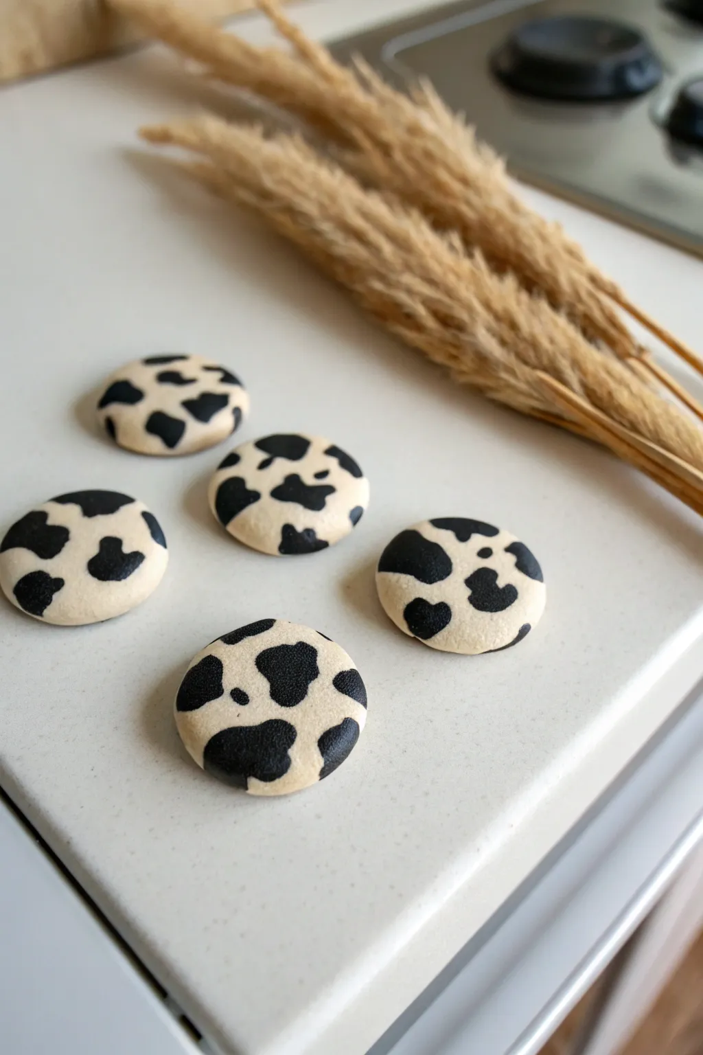 Soft puffy cow print blob magnets bring bold contrast to a calm minimalist kitchen fridge.