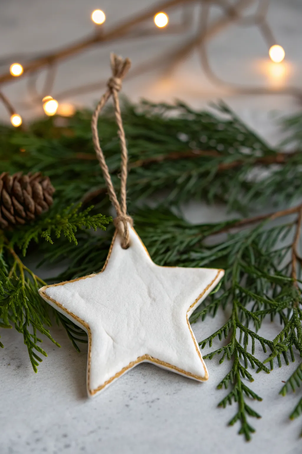 White clay ornament with a thin gold-dipped edge, hanging on evergreen in warm candlelight.