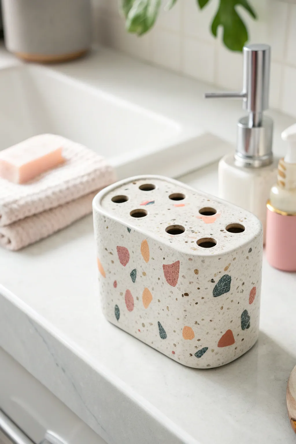 Minimal terrazzo polymer clay toothbrush stand with clean holes and bold speckles