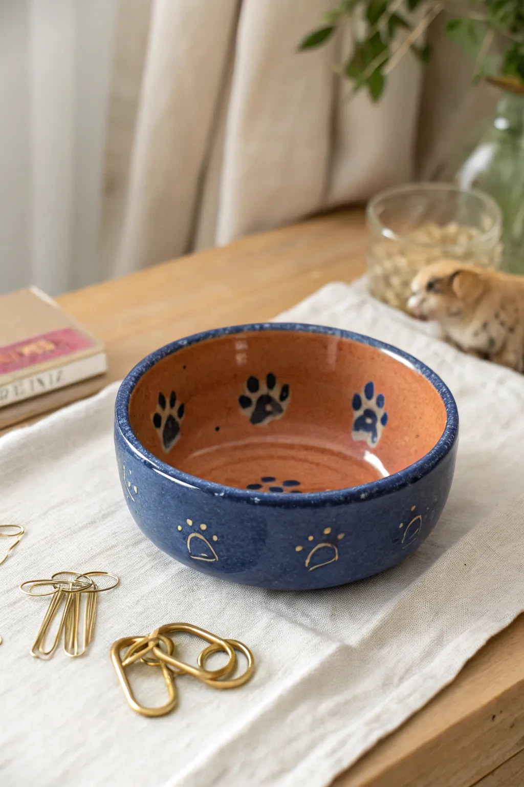 Paw-print rim pinch pot dog bowl in bold glaze, a sweet minimalist catchall for clips or jewelry.