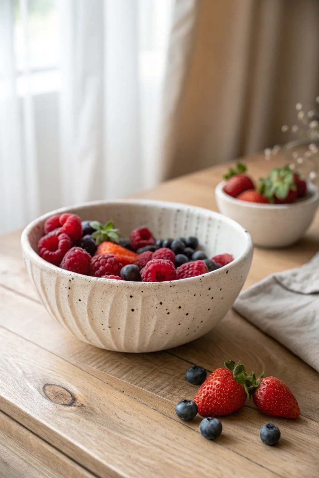 Drape-mold berry bowl with clean cutouts and bright berries, minimal yet boho fresh.