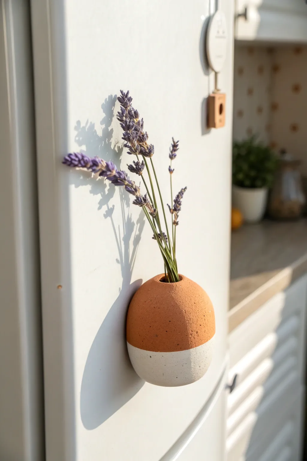 Bold terracotta air-dry clay magnet vase with a dried sprig for an easy, minimalist fridge accent