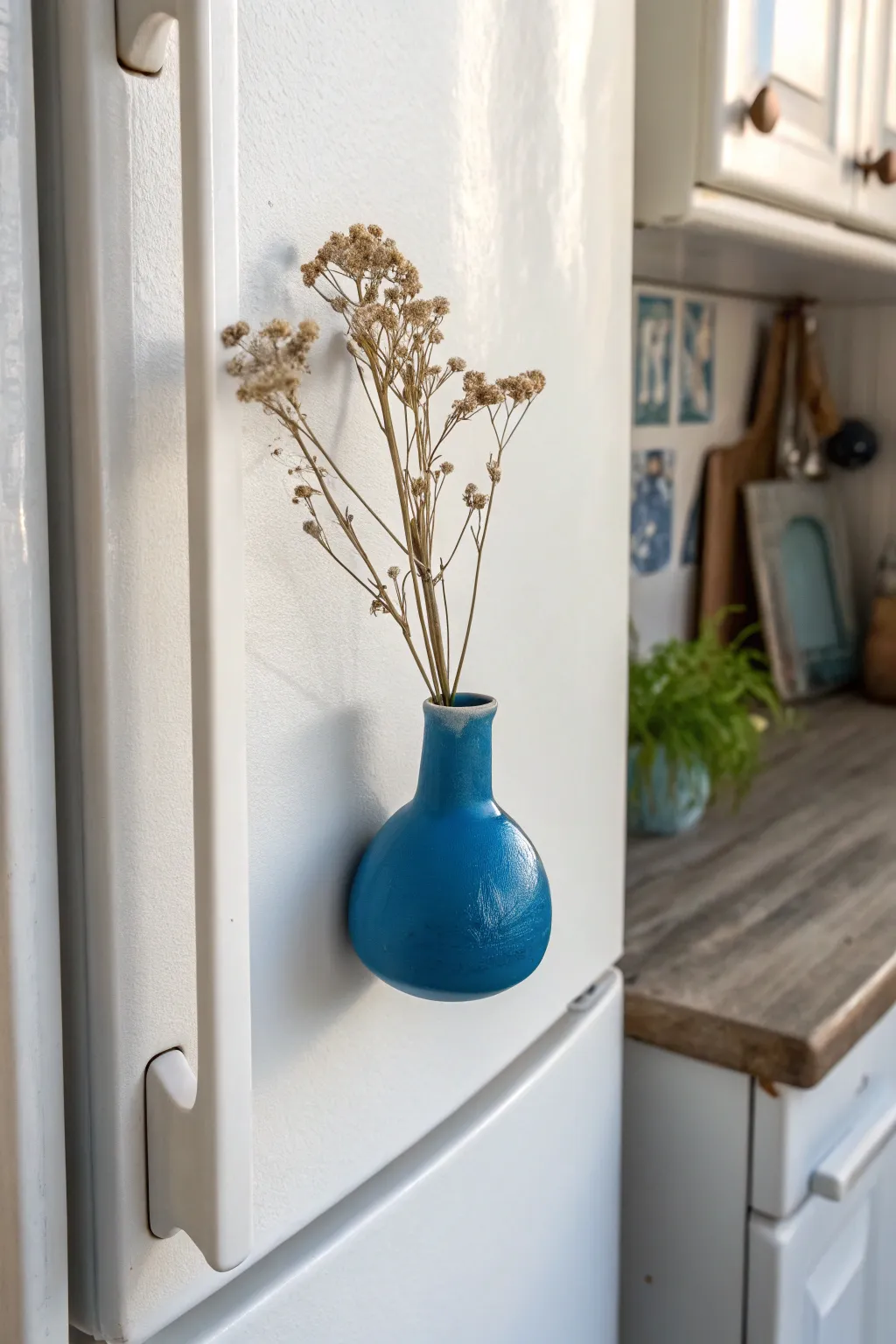 Beginner-friendly air-dry clay magnet vase, bold color pop, dried flower on a clean fridge.