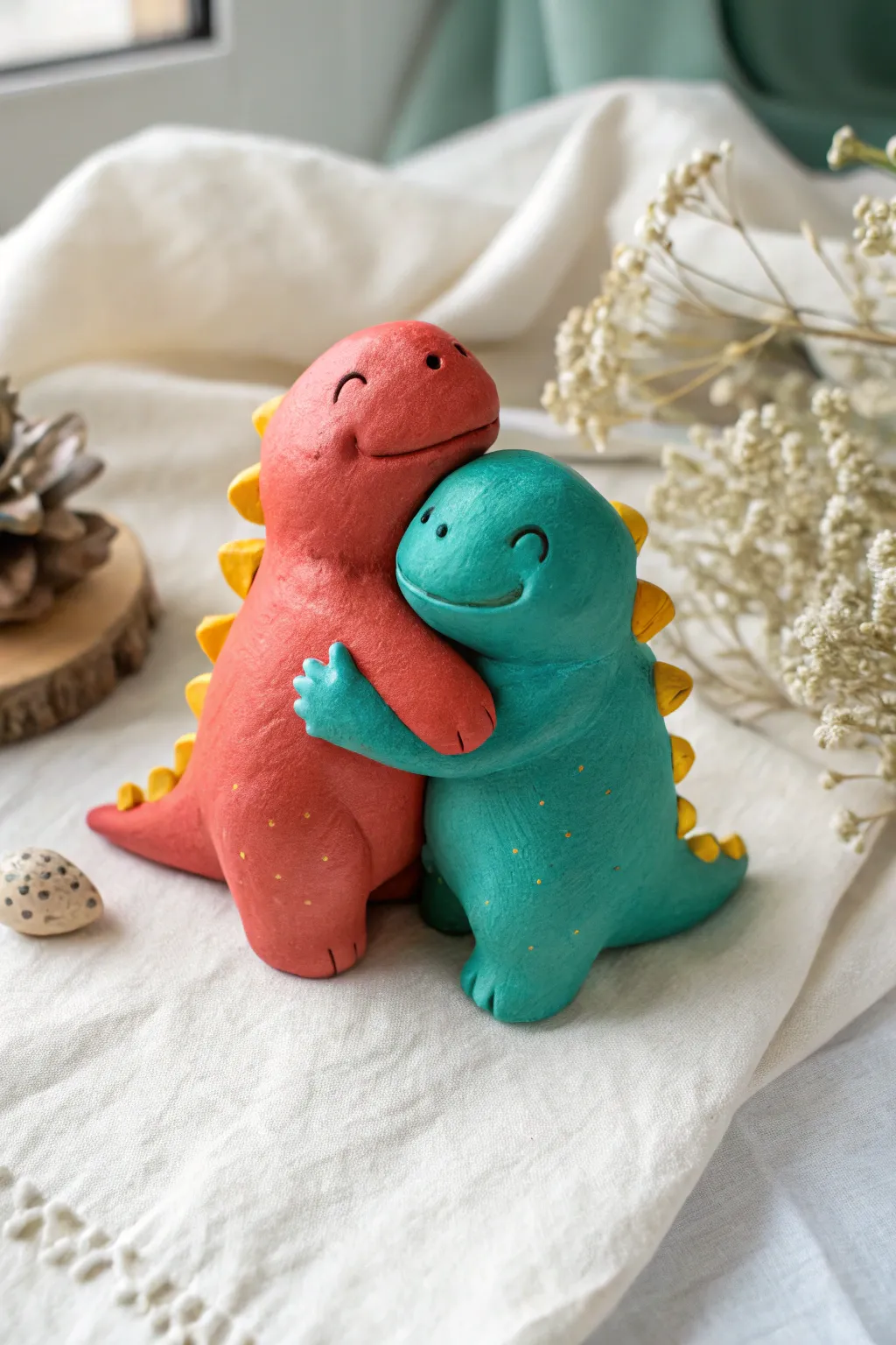 Two cheerful chunky clay dinos hugging, bold colors on a calm minimalist backdrop for cozy duo ideas.