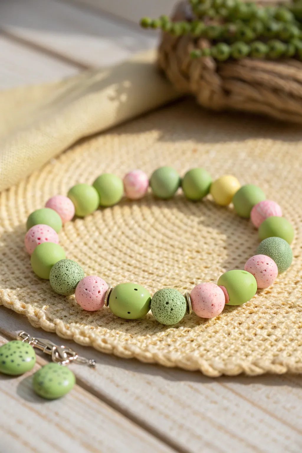 Grass-green clay bead bracelet with soft pink and yellow pops on a woven Easter basket backdrop.