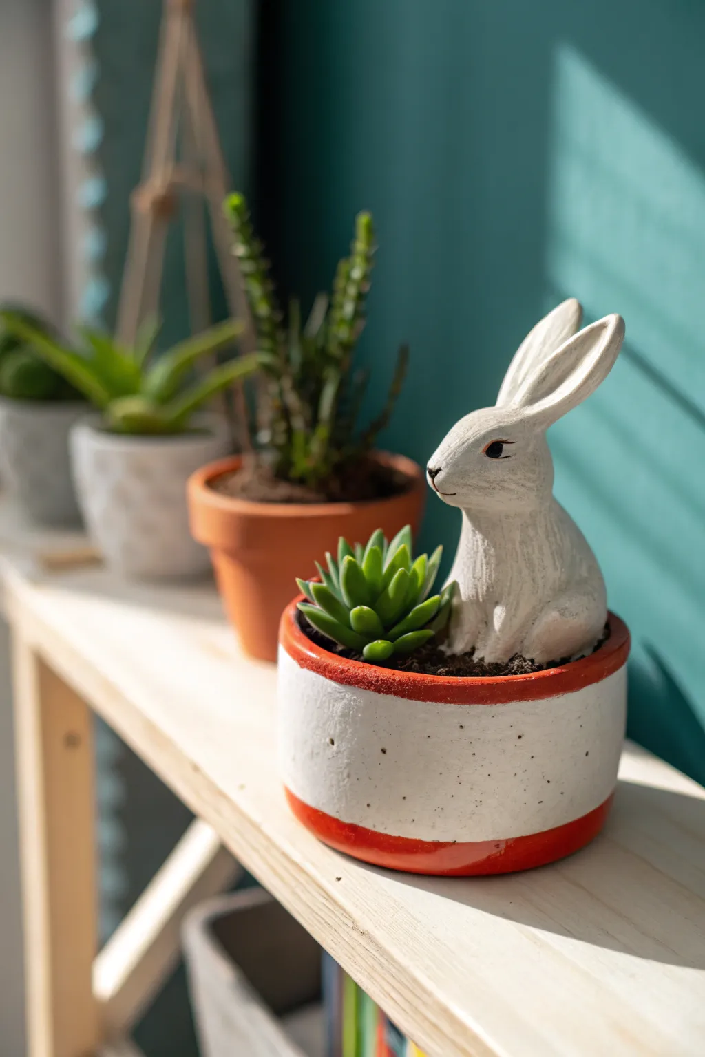 Minimal bunny planter with a lush succulent, perfect Easter pottery inspiration for bright spring shelves.