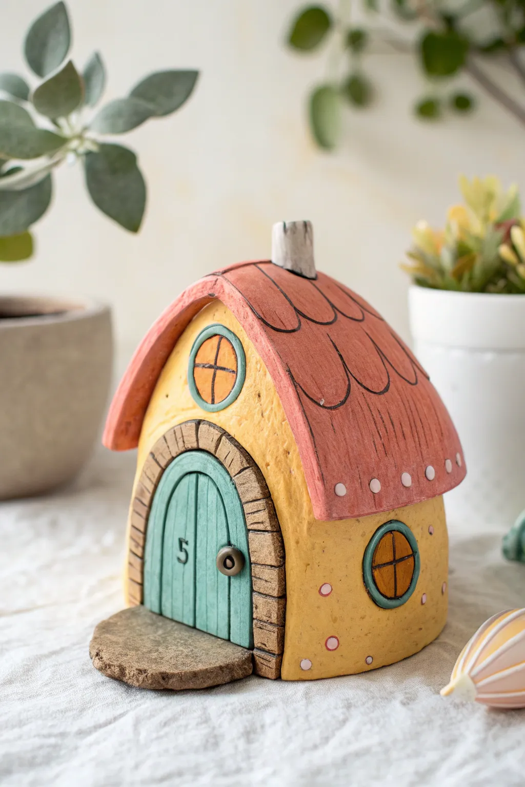 Cheerful air-dry clay fairy house with tiny door and knob, perfect kid-friendly craft inspiration.