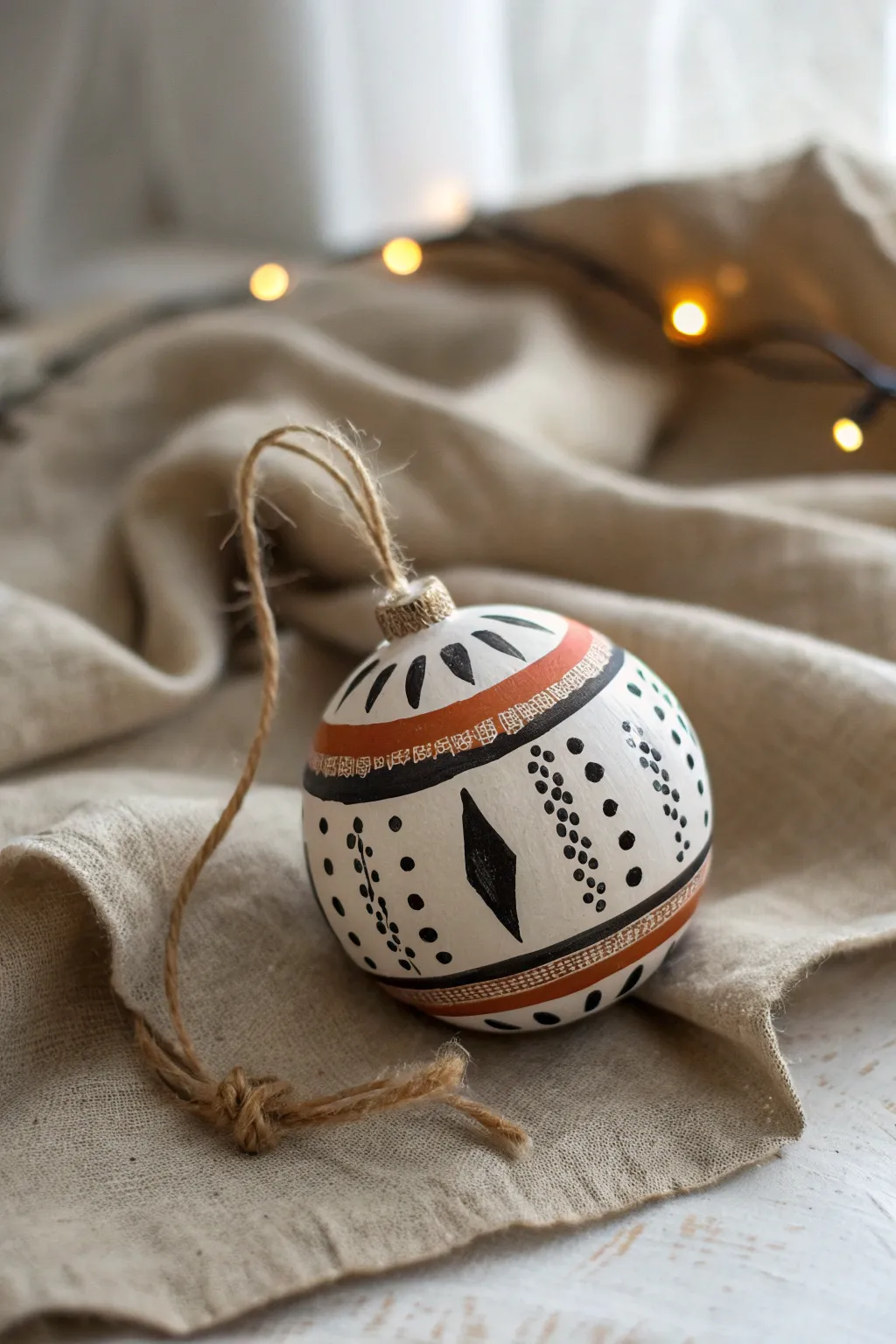 DIY air dry clay bauble with bold Scandinavian pattern, black and white with a terracotta pop.